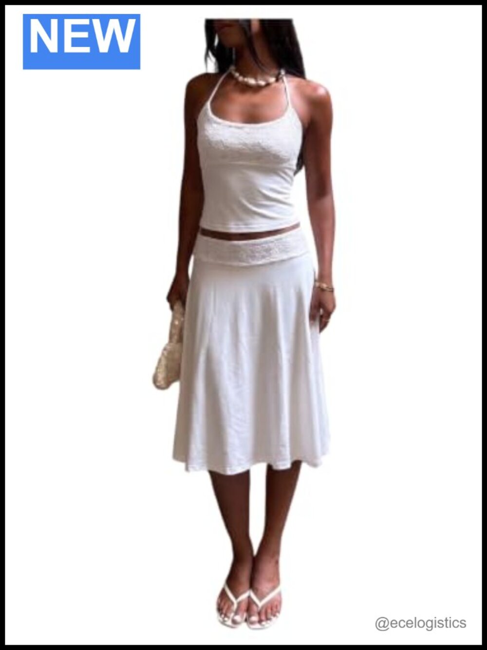 2 Piece Lace Halter Crop Top & Flowy Midi Skirt Set Sleeveless Tie Back Y2K